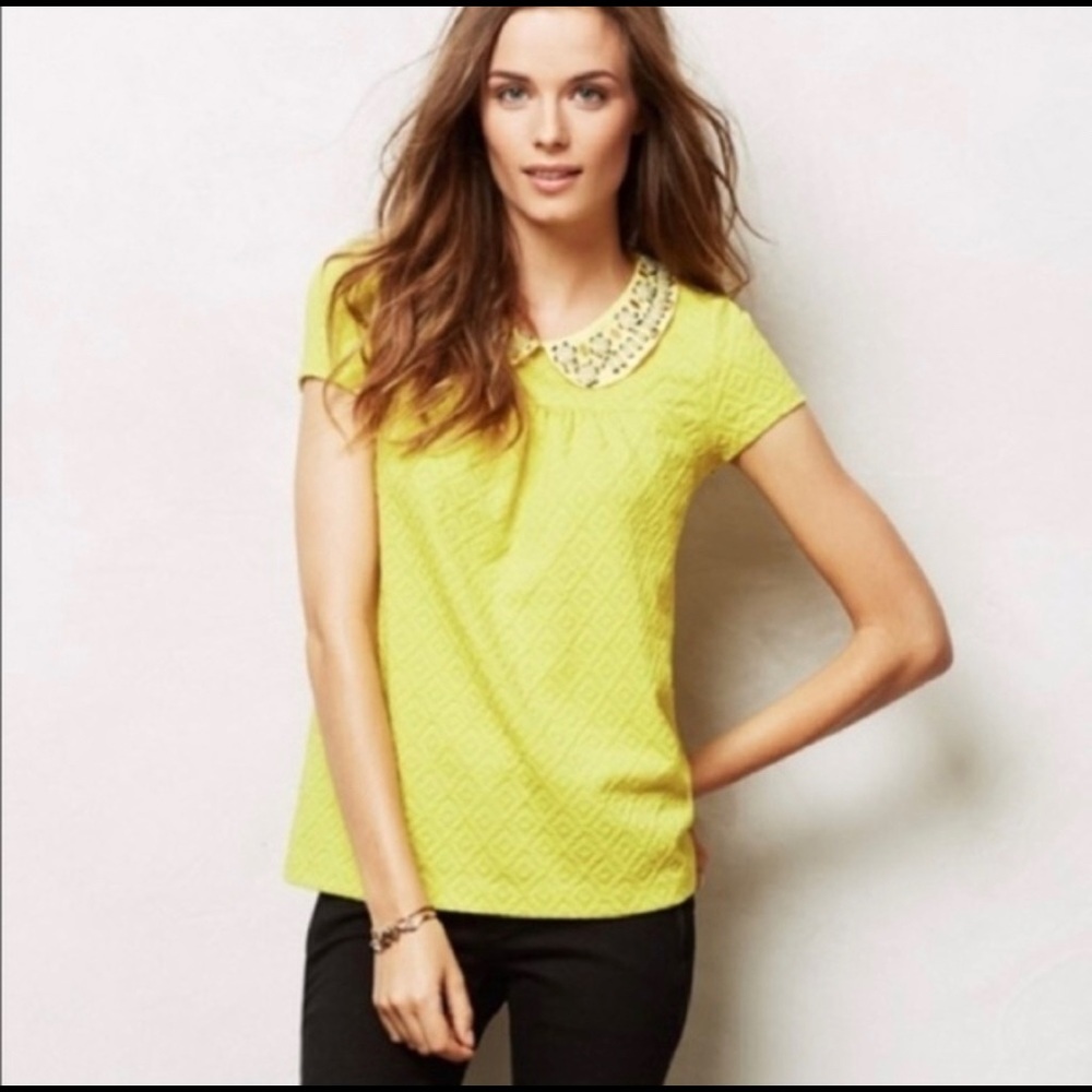 Anthropologie Yellow Embellished Collar Short Sleeve Top